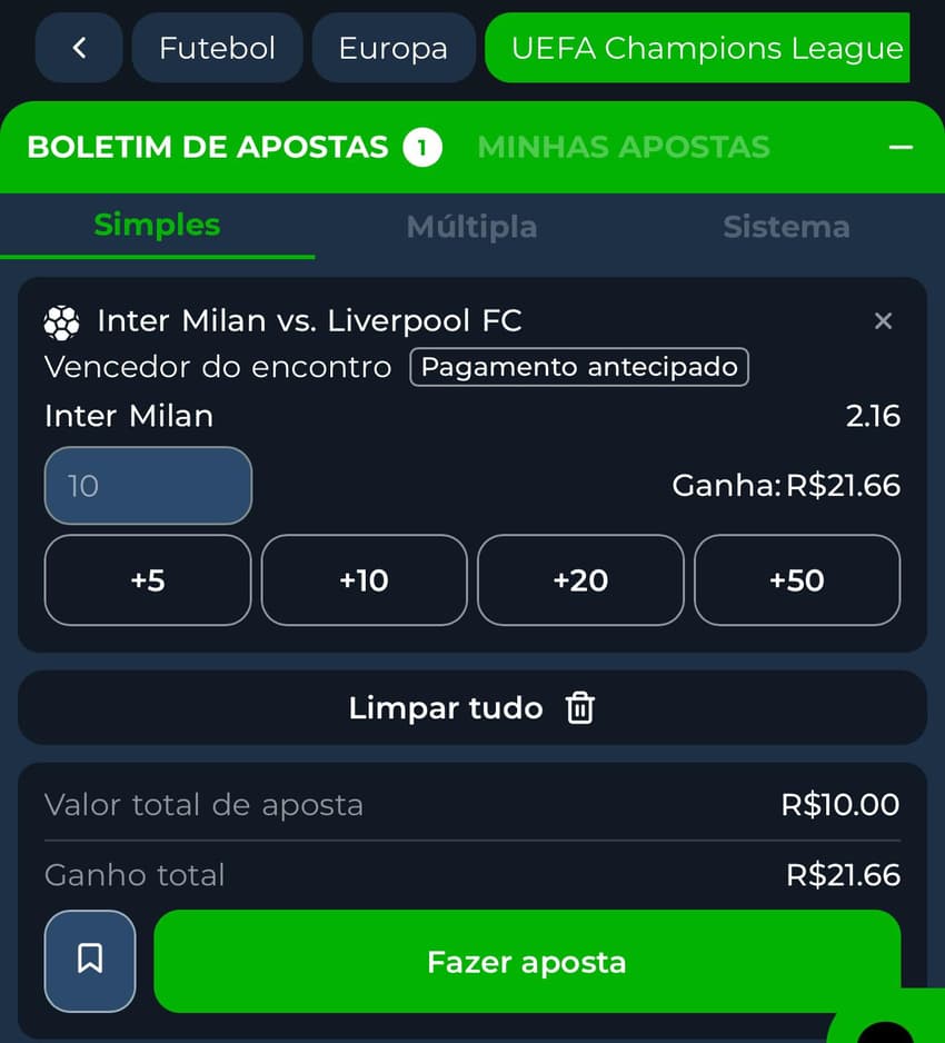Captura da tela de apostas na BR4bet.