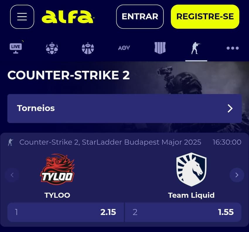 Captura de tela de aposta em eSport na Alfabet