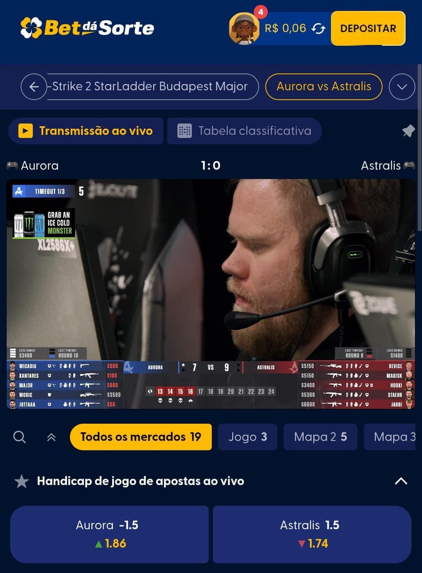 Captura de tela de aposta em eSport na Bet Dá Sorte