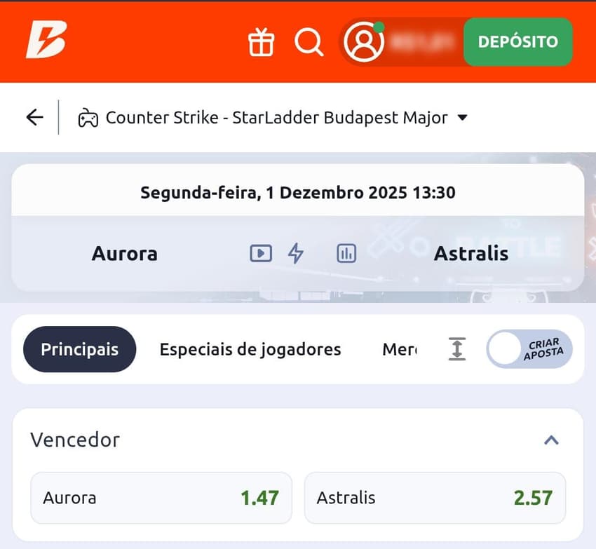 Captura de tela de aposta em eSports na Betano Captura de tela tirada no dia 02/12/2025