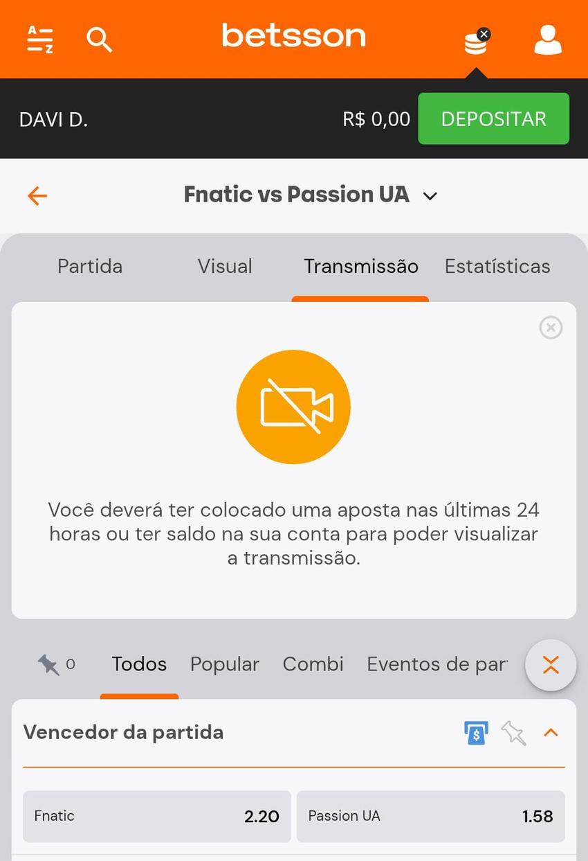 Captura de tela de aposta em eSport na Betsson