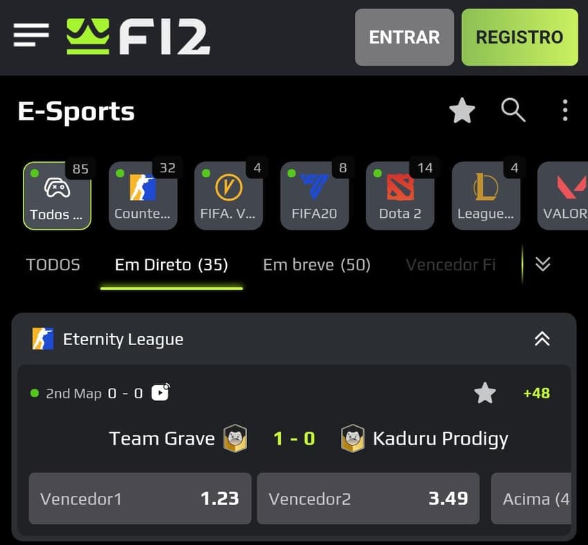 Captura de tela de aposta em eSport na F12 Bet