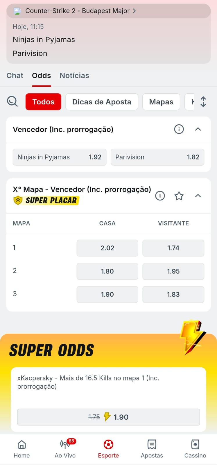 Captura de tela de aposta em eSport na Superbet