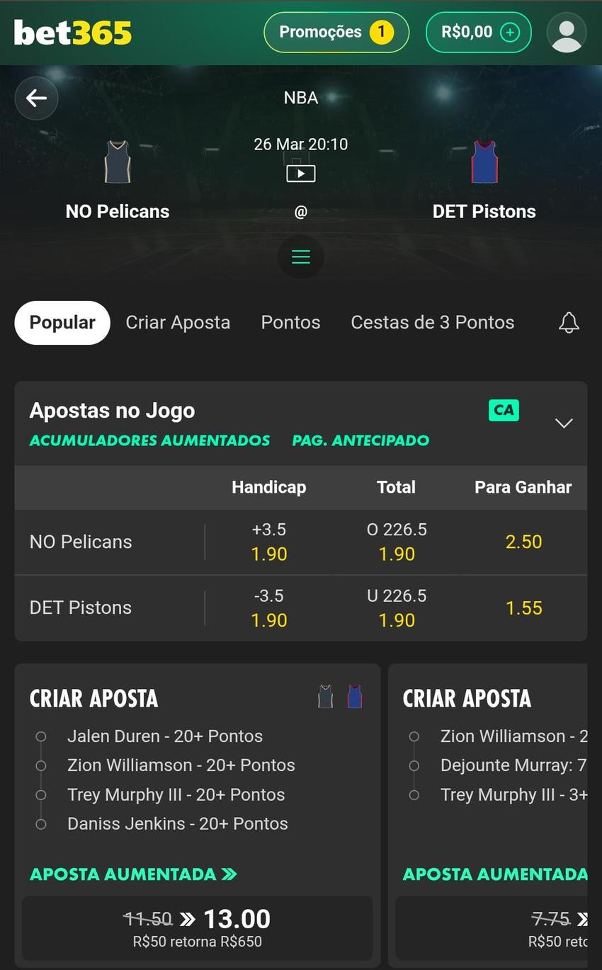 Captura de tela de odds para o jogo entre New Orleans Pelicans e SA Spurs na bet365
