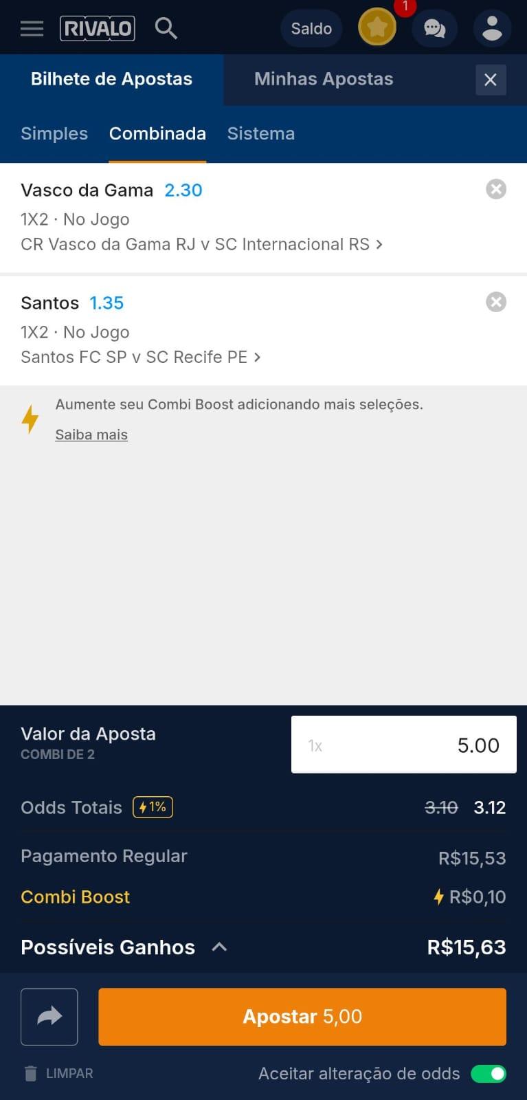 Captura de tela com uma aposta esportiva na Rivalo