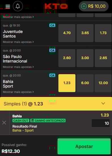 Captura de tela exibe o cupom de apostas na KTO.