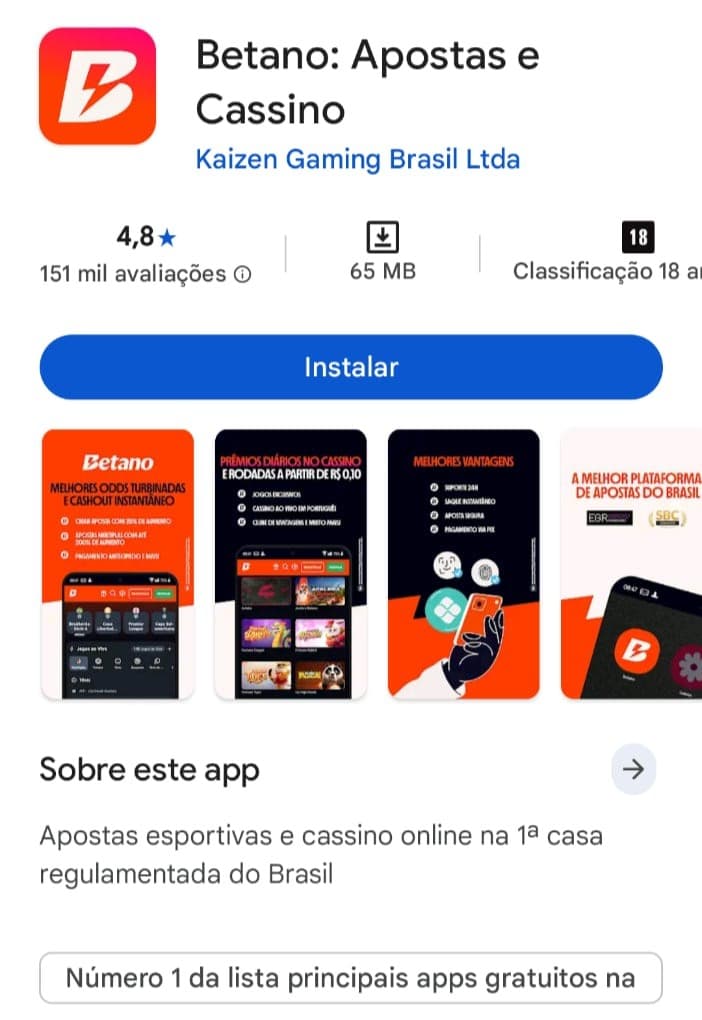 Captura da tela do app da Betano na Google Play Store.