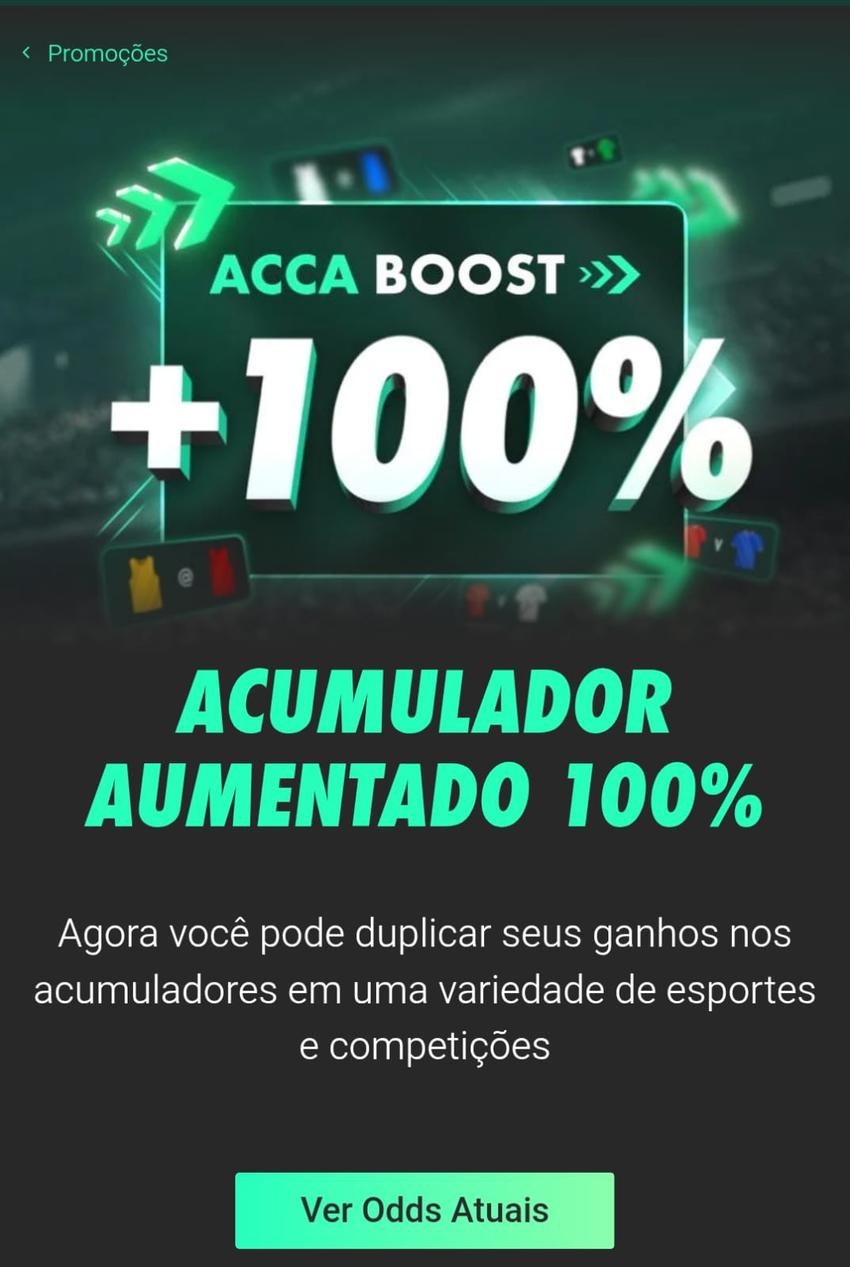 Captura de tela da oferta de Acumulador Aumentado na bet365 com detalhes da promoção.