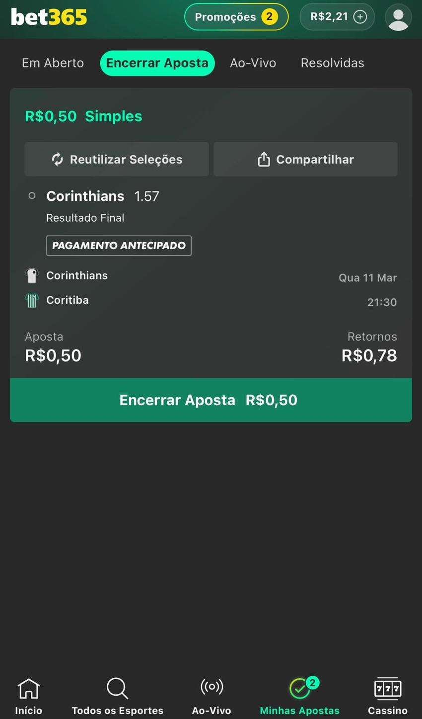 Captura da tela de cash out na bet365.