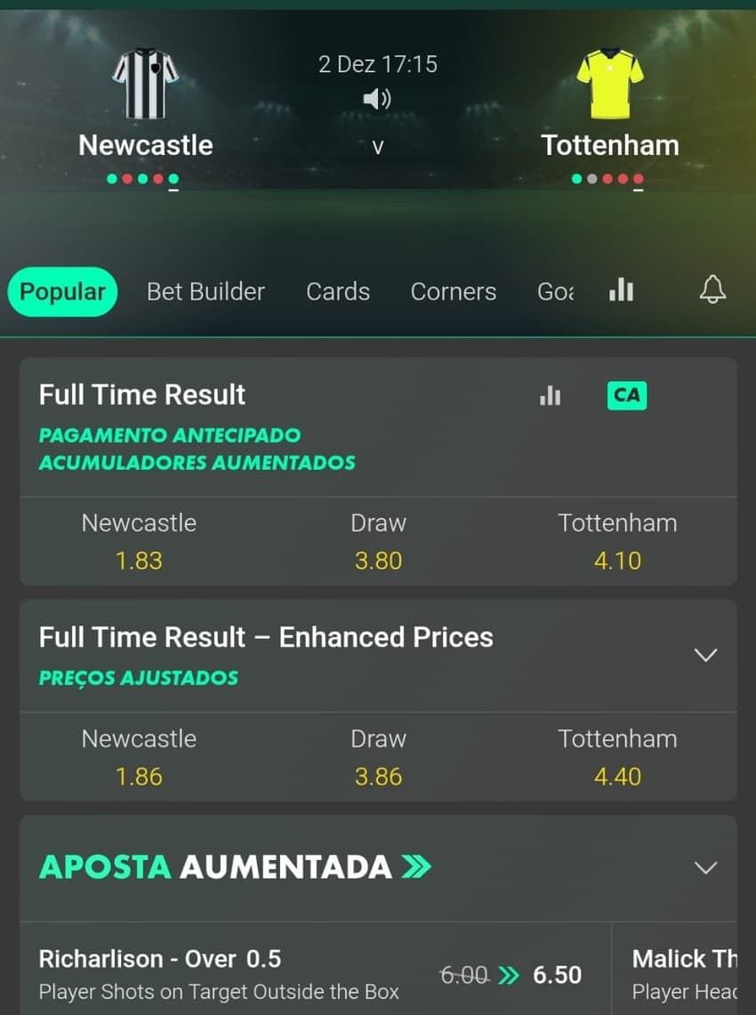 Captura de tela dos mercados de apostas na Premier League disponíveis na bet365.