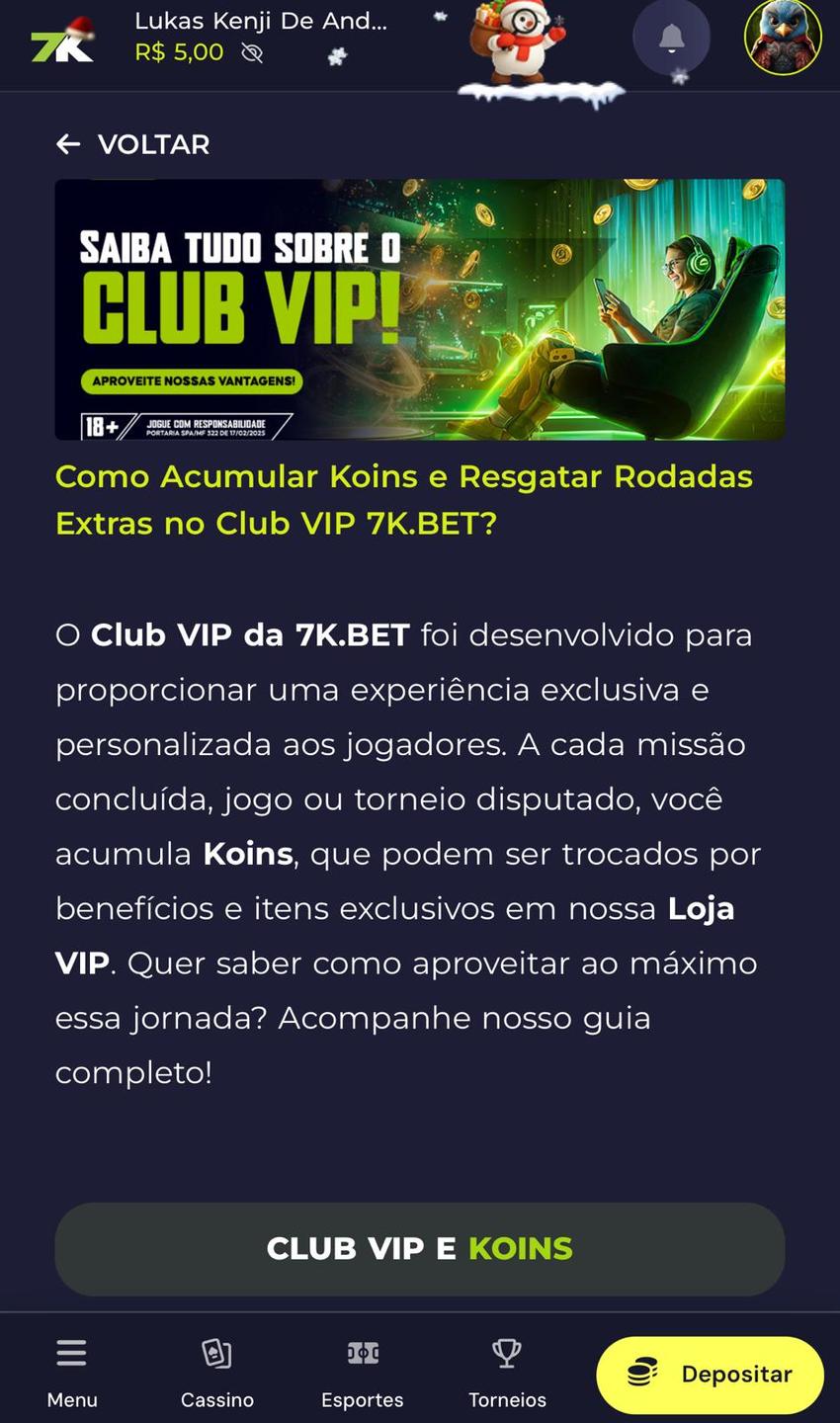 Captura da tela do Club VIP da plataforma de 5 reais Bet7K.