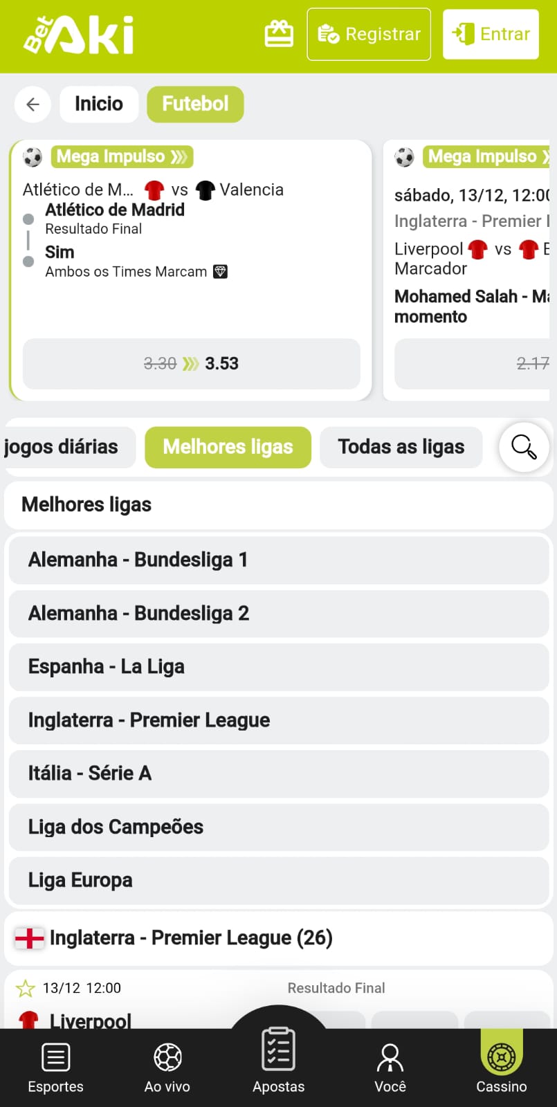 Captura de tela das categorias esportivas disponíveis na Bet Aki.