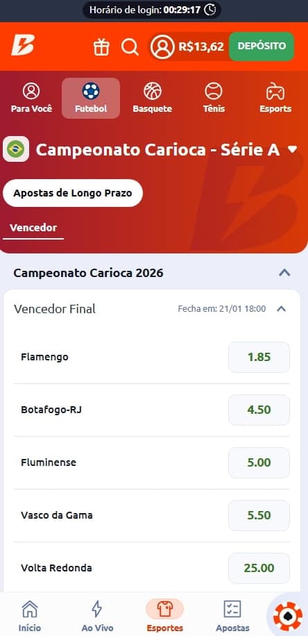 Mercado de Vencedor do Campeonato Carioca 2026 na Betano com o Flamengo como favorito