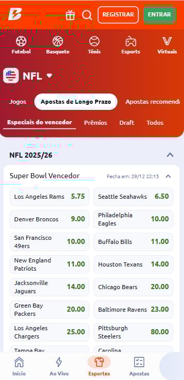 Odds de longo prazo Super Bowl na Betano