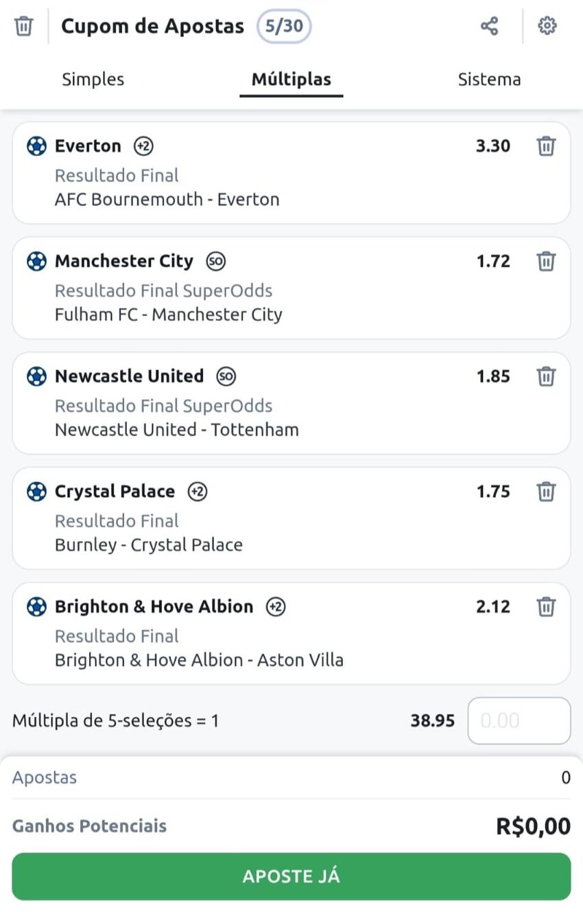 Captura de tela do bilhete de apostas na Betano com eventos da Premier League.