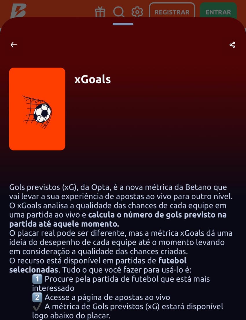 Captura de tela mostra os detalhes do xGoals na Betano.
