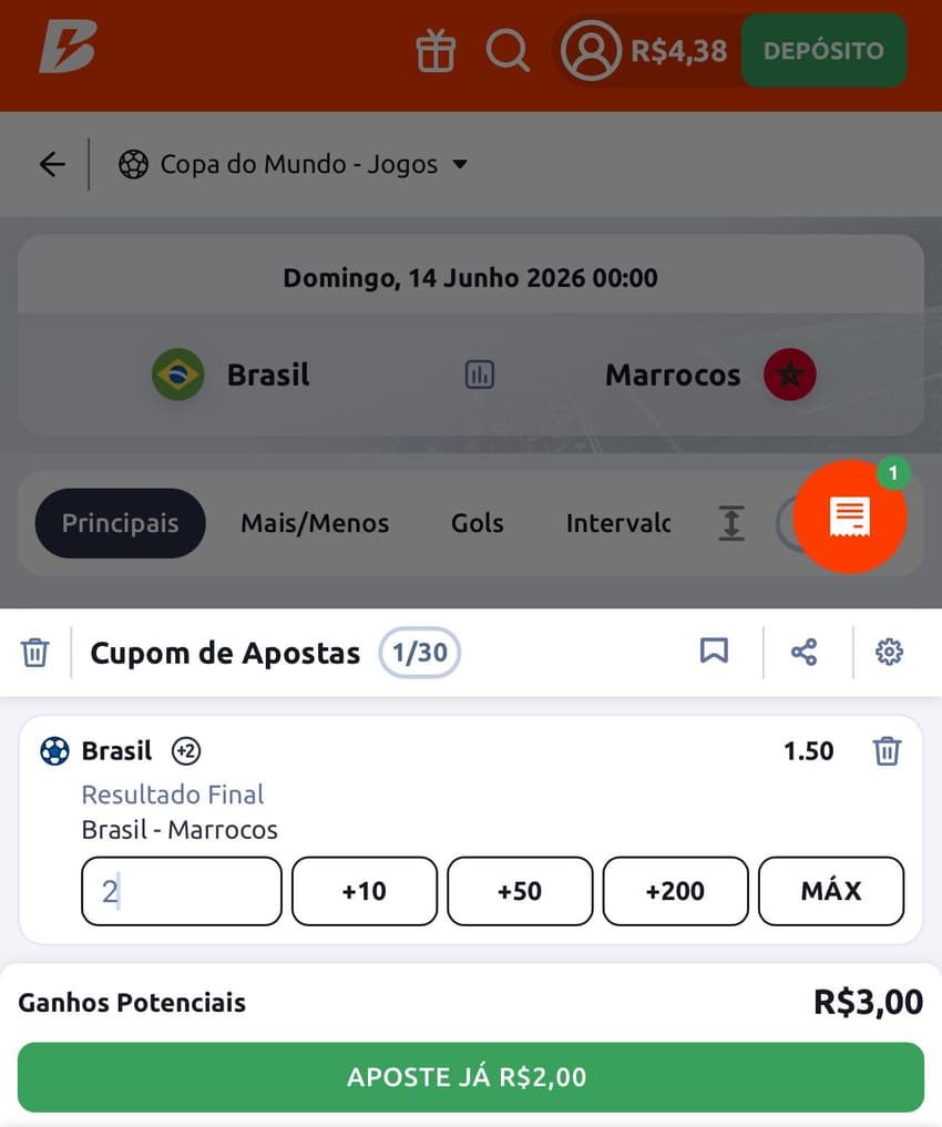 Captura da tela de aposta da Betano na Copa do Mundo 2026.