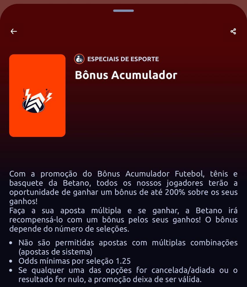 Captura da tela do Bônus Acumulado, promoção da Betano na Copa do Mundo.