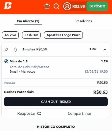 Captura da tela de cash out da Betano na Copa do Mundo.