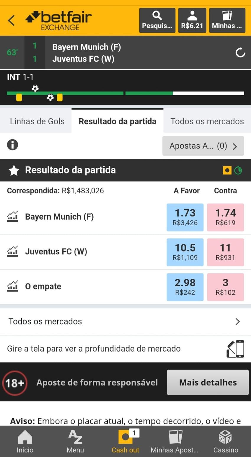 Captura de tela de apostas ao vivo da Betfair Exchange