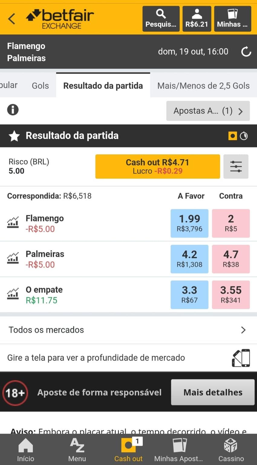 Captura de tela da página de uma aposta na Betfair Exchange