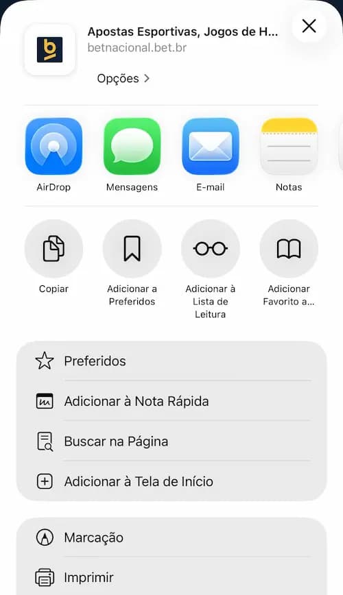 Captura de tela mostra como criar atalho do Betnacional app iOS