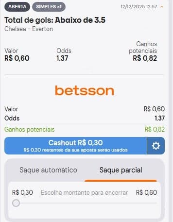 Captura da tela do cupom de apostas com cash out da Betsson.