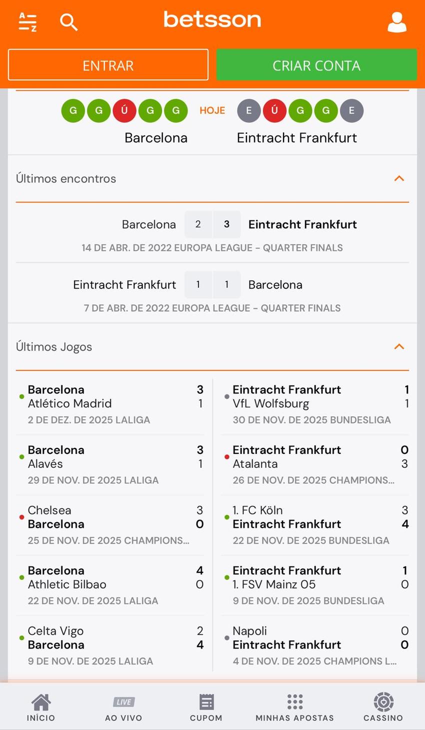 Captura da tela de estatísticas em apostas na Champions League na Betsson.