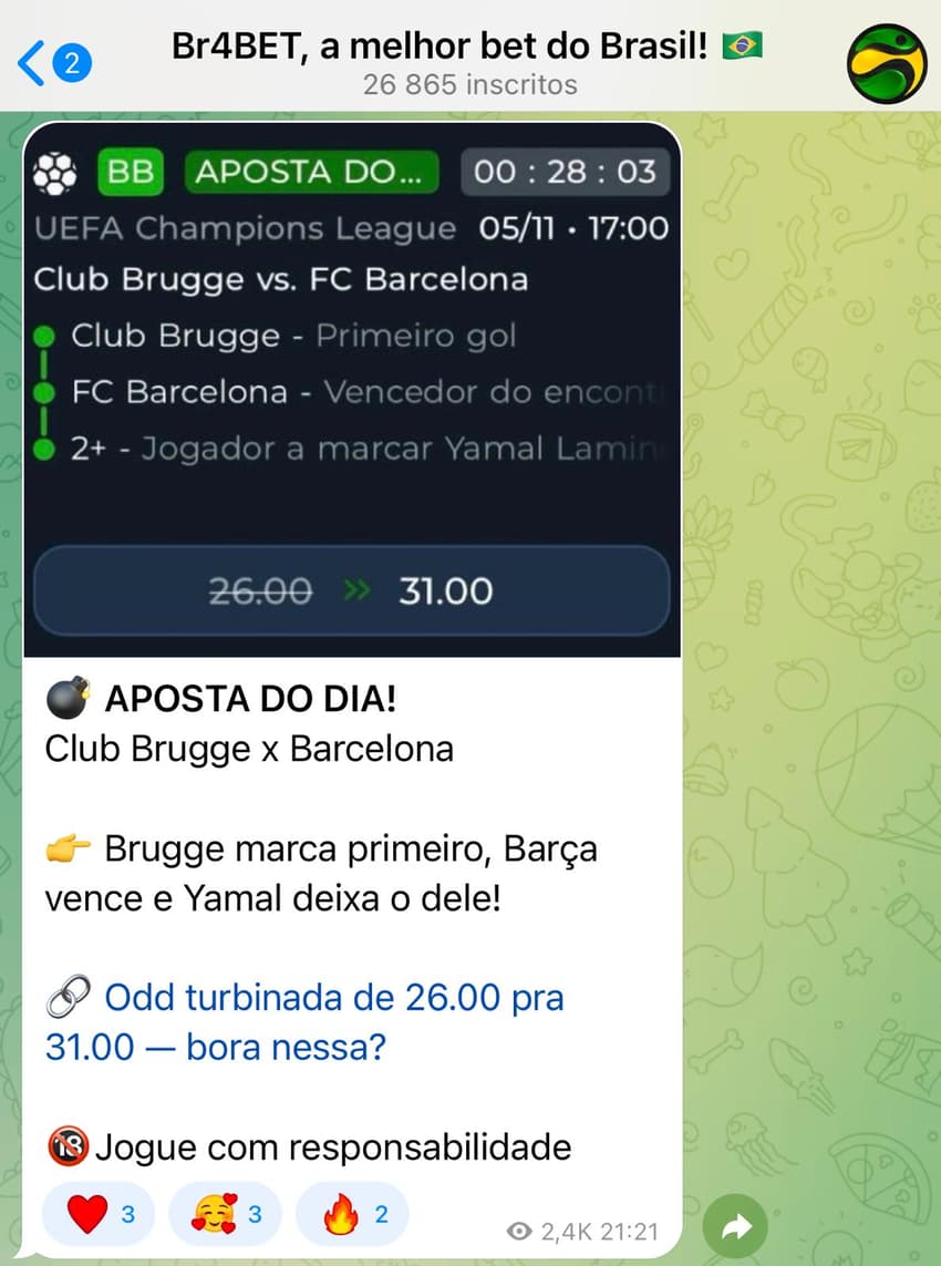 Captura de tela do grupo no Telegram da Br4bet com dicas de apostas na Champions League.