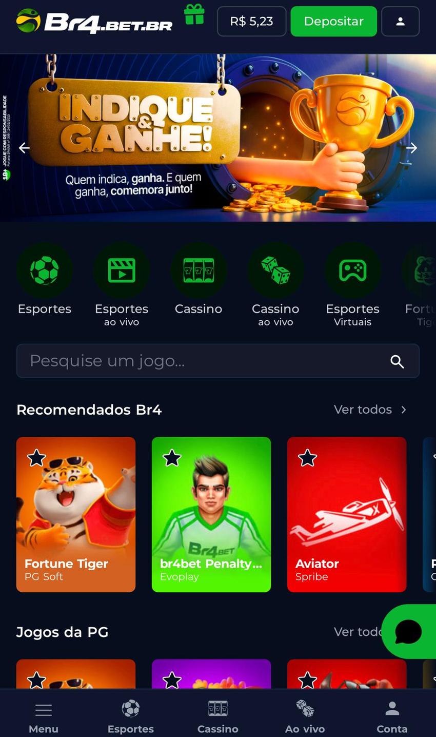 Captura de tela da página inicial da plataforma com bônus BR4bet.