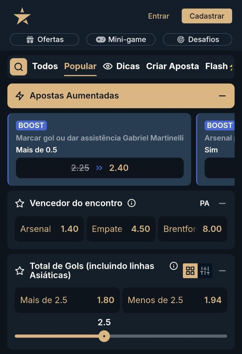 Captura de tela de um dos jogos do Campeonato Inglês na EstrelaBet com boost de odds.