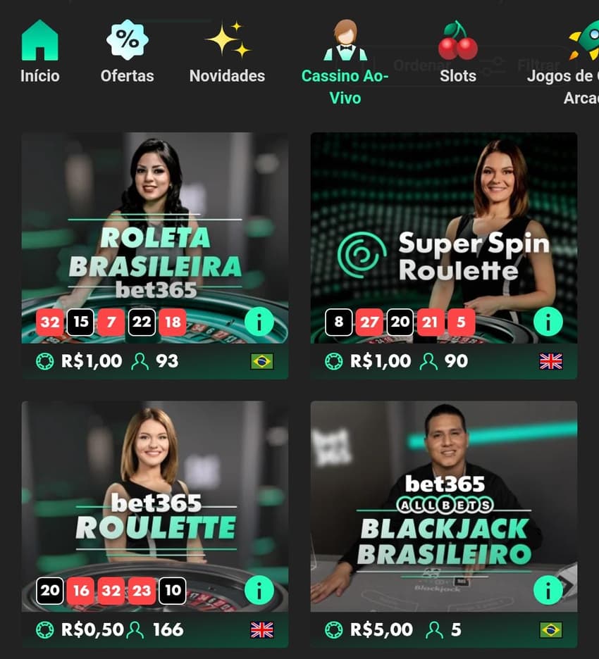 Captura de tela da página inicial do cassino ao vivo da bet365