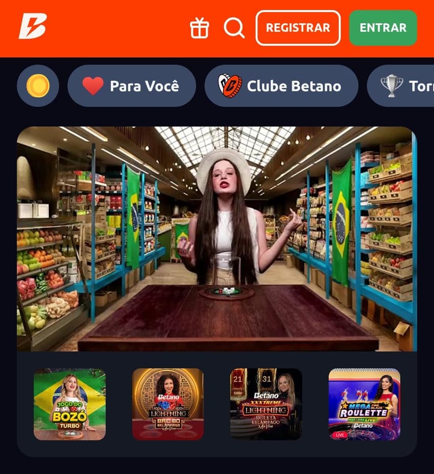 Captura de tela da página inicial do cassino ao vivo da Betano