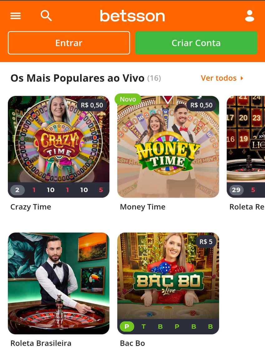 Captura de tela da página inicial do cassino ao vivo da Betsson