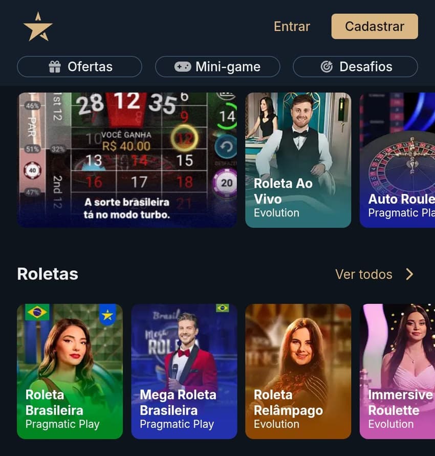 Captura de tela da página inicial do cassino ao vivo da Estrela Bet