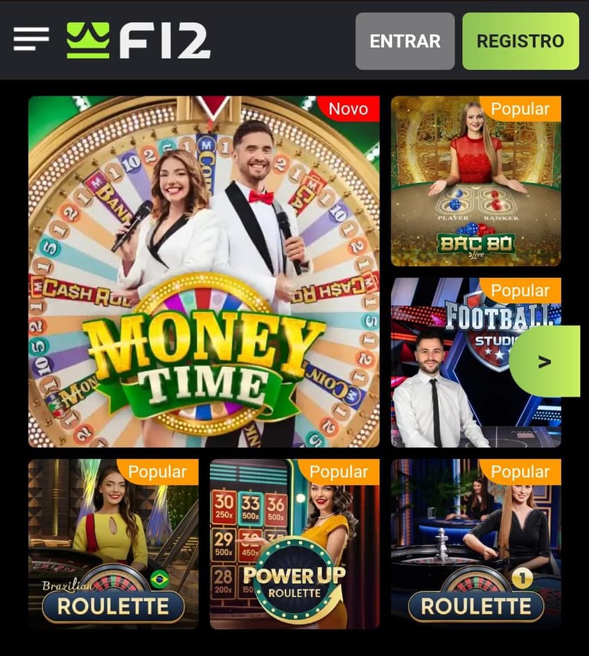 Captura de tela da página inicial do cassino ao vivo da F12 Bet