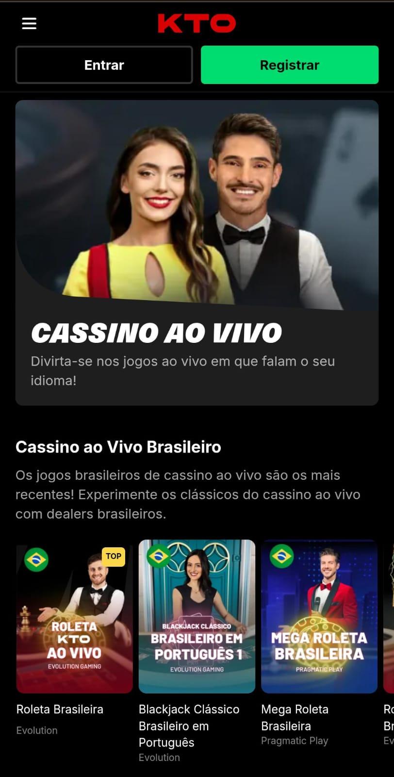 Captura de tela da página inicial do cassino ao vivo da KTO