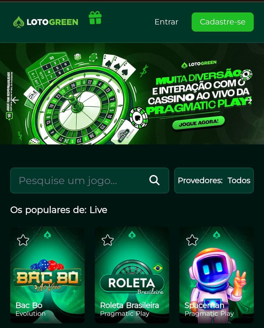 Captura de tela da página inicial do cassino ao vivo da Lotogreen