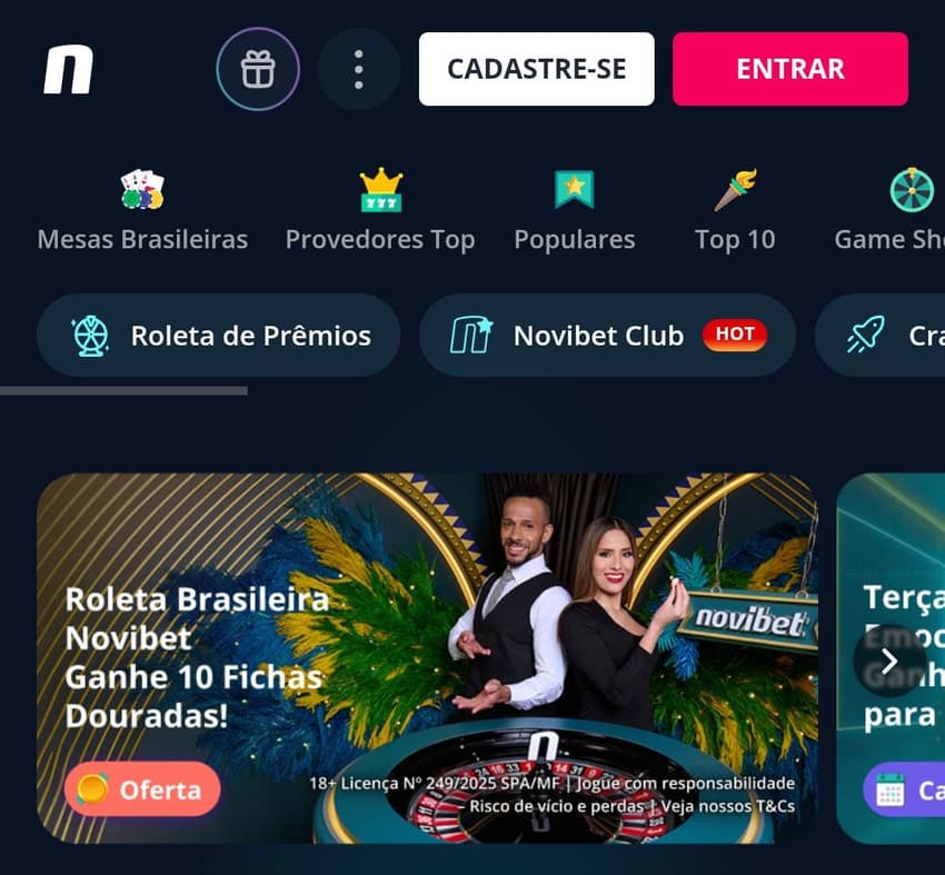 Captura de tela da página inicial do cassino ao vivo da Novibet