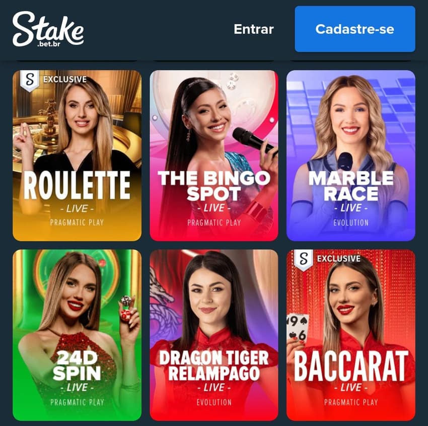 Captura de tela da página inicial do cassino ao vivo da Stake