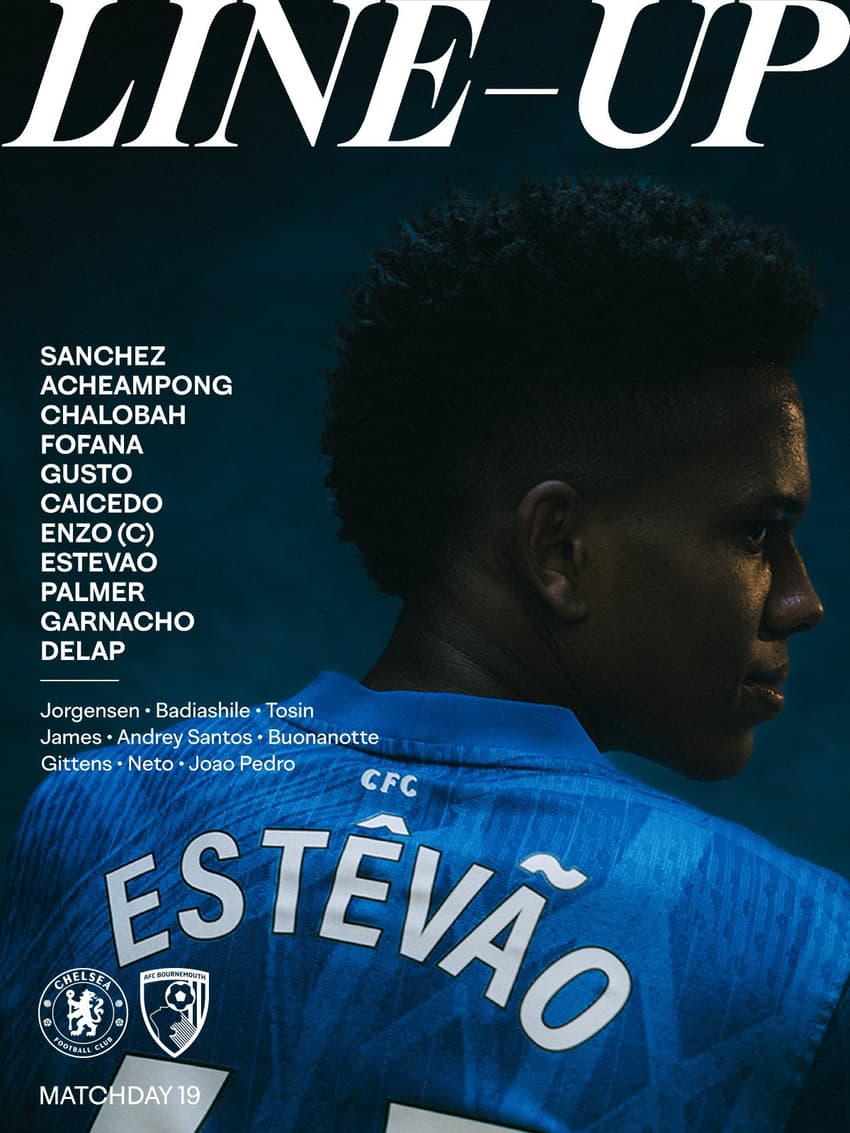 Chelsea divulga a escalação para enfrentar o Bournemouth com Estêvão entre os titulares (Foto: Divulgação/Chelsea)