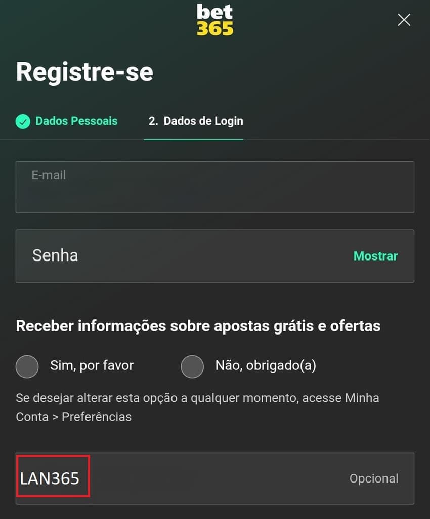Captura de tela tira no dia 30/10/2025 mostrando o campo de código de indicação bet365.
