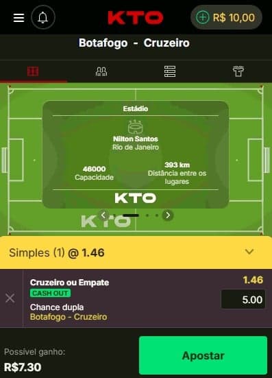 Captura da tela de apostas da KTO com odds atualizadas para o Brasileirão 2026.