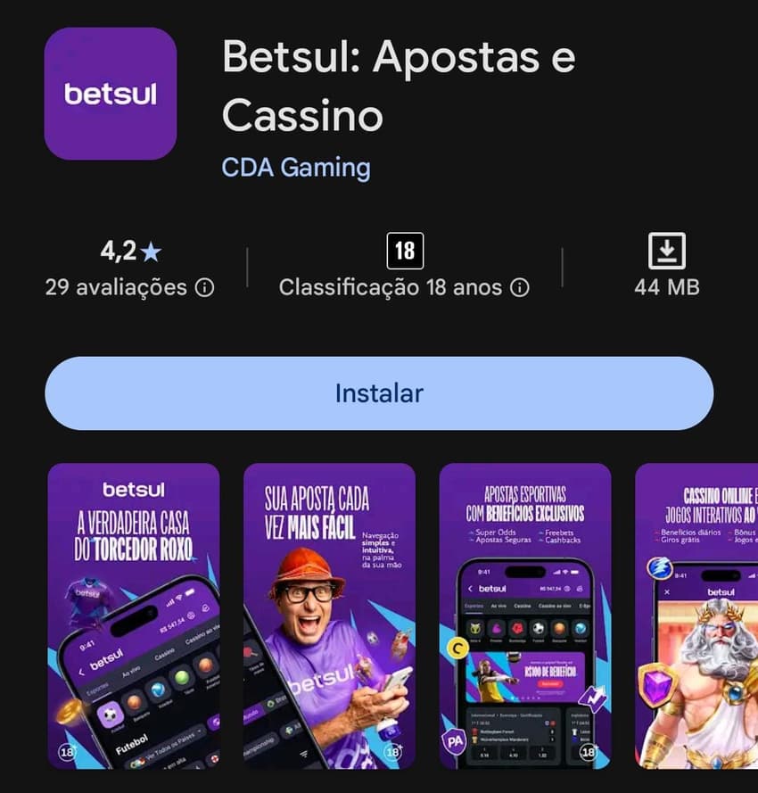 Captura de tela do Betsul App na Play Store.