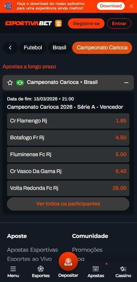 Opções de apostas de Vencedor do Campeonato Carioca na Esportiva.bet