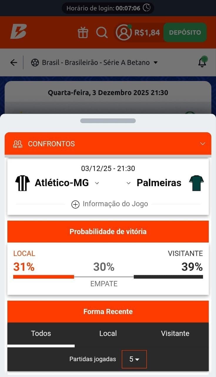 Estatísticas de Atlético-MG x Palmeiras com probabilidades semelhantes para os resultados na Betano
