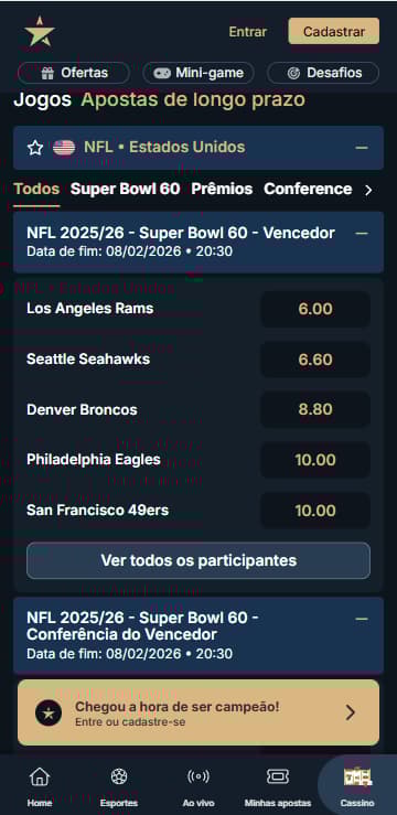 Mercado vencedor do Super Bowl na EstrelaBet