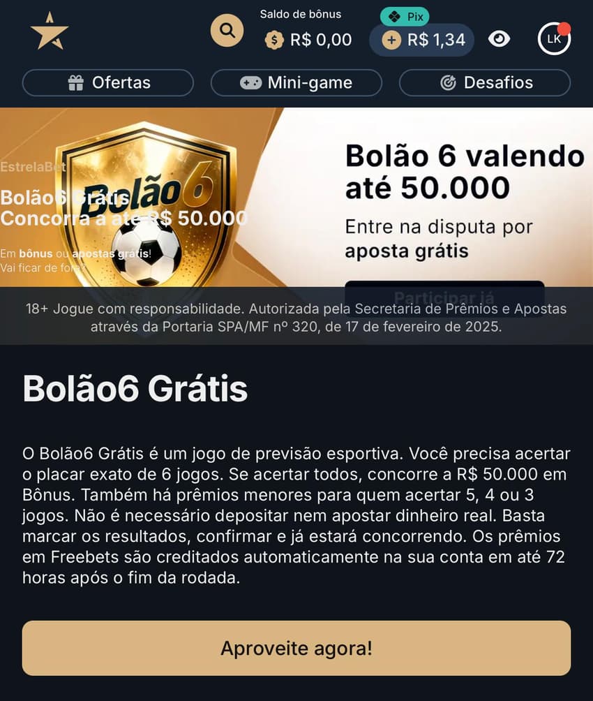 Captura de tela da promoção Bolão6 da Estrela Bet.