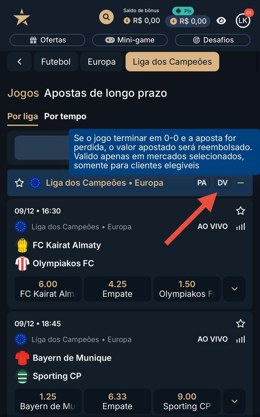 Captura da tela de apostas na Champions League na Estrela Bet.