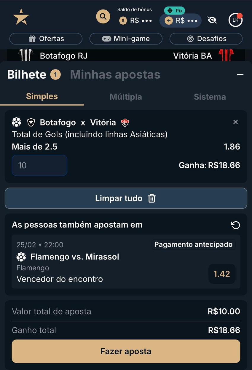 Captura de tela do bilhete de apostas da Estrela Bet.